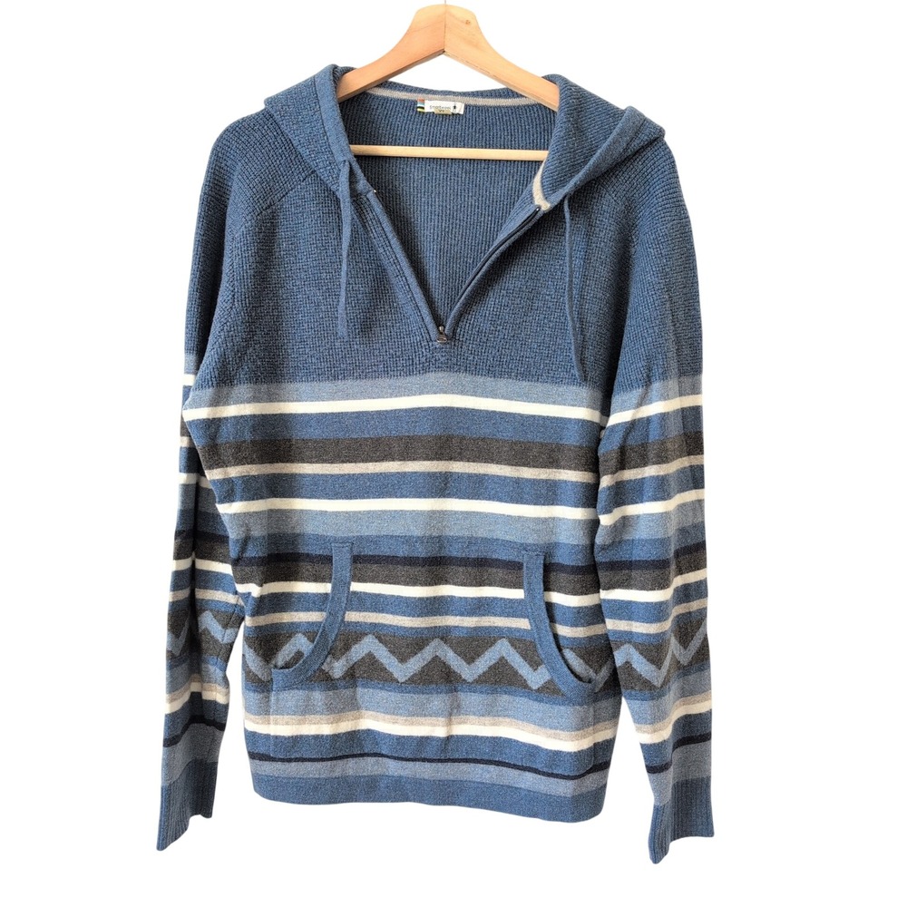 Smartwool Striped Quarter‎ Zip Hoodie Blue Grey White Men's Medium Wool Blend